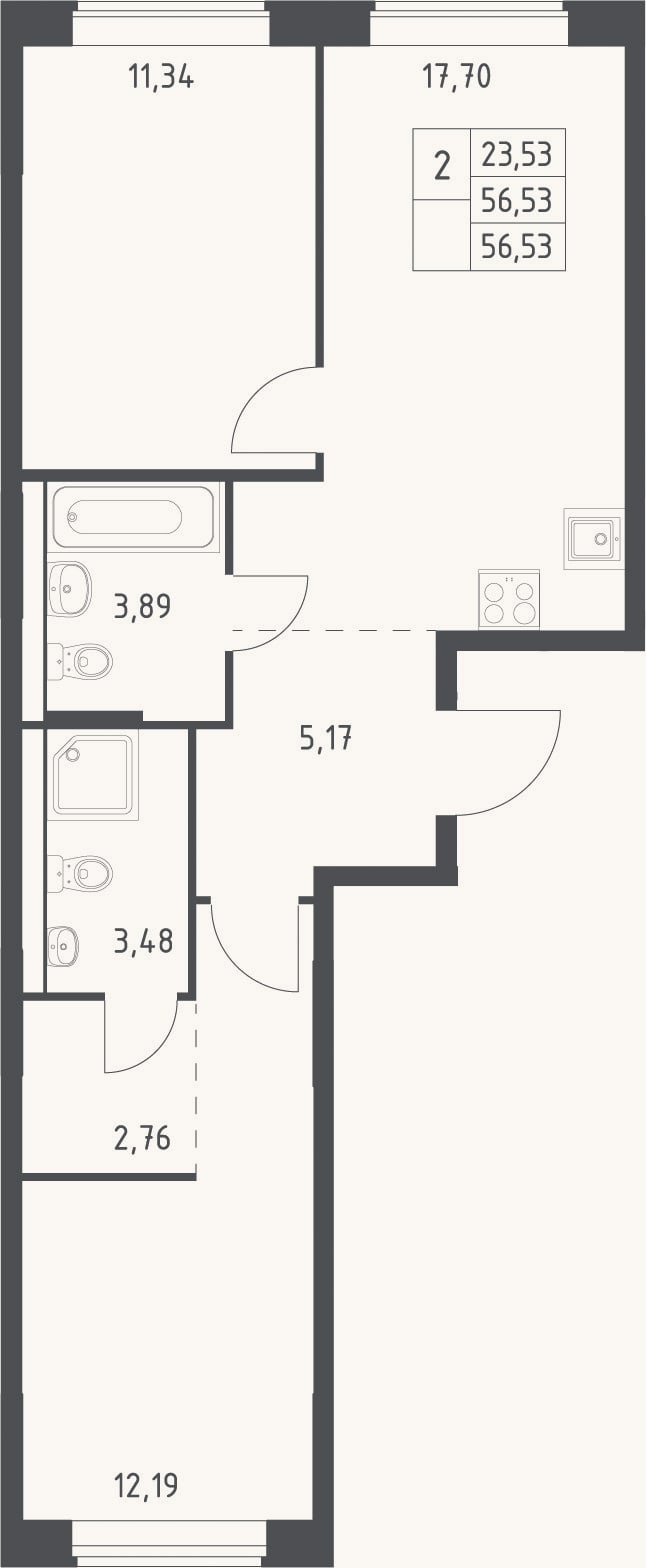 Планировка: 3-к, 56,5 м²