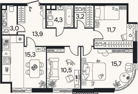 Планировка: 3-к, 77,4 м²