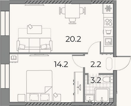 Планировка: 2-к, 39,8 м²