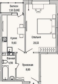Планировка: 1-к, 45,4 м²