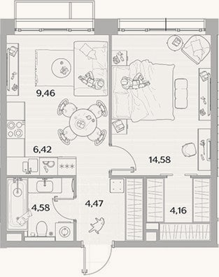 Планировка: 2-к, 43,7 м²