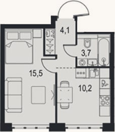 Планировка: 1-к, 33,5 м²