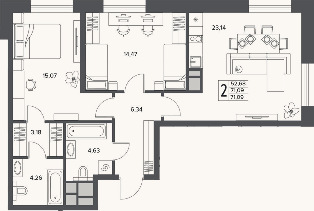 Планировка: 3-к, 71,1 м²