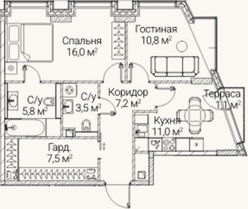 Планировка: 2-к, 61,8 м²