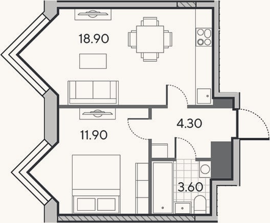 Планировка: 2-к, 38,7 м²