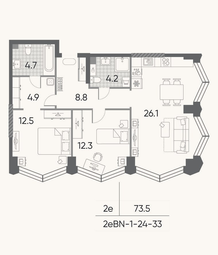 Планировка: 3-к, 73,5 м²