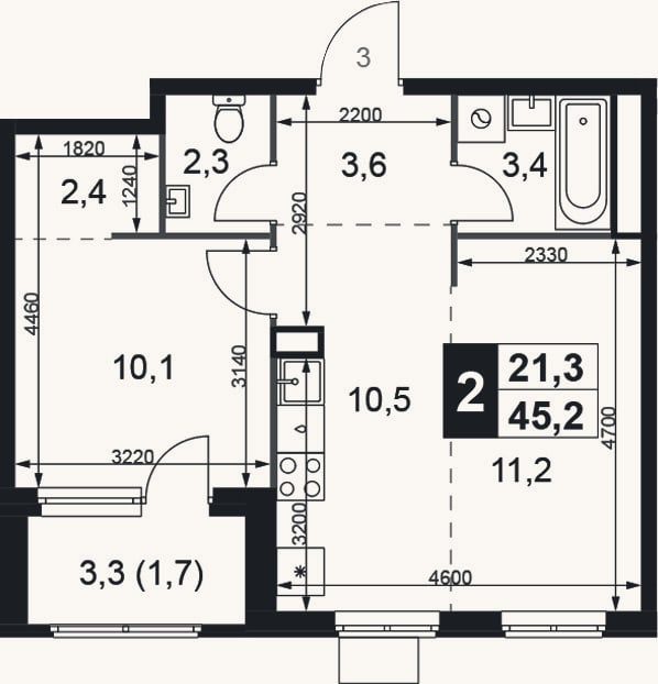 Планировка: 2-к, 43,5 м²
