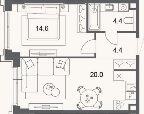 Планировка: 2-к, 43,4 м²