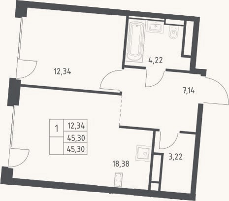 Планировка: 2-к, 45,3 м²
