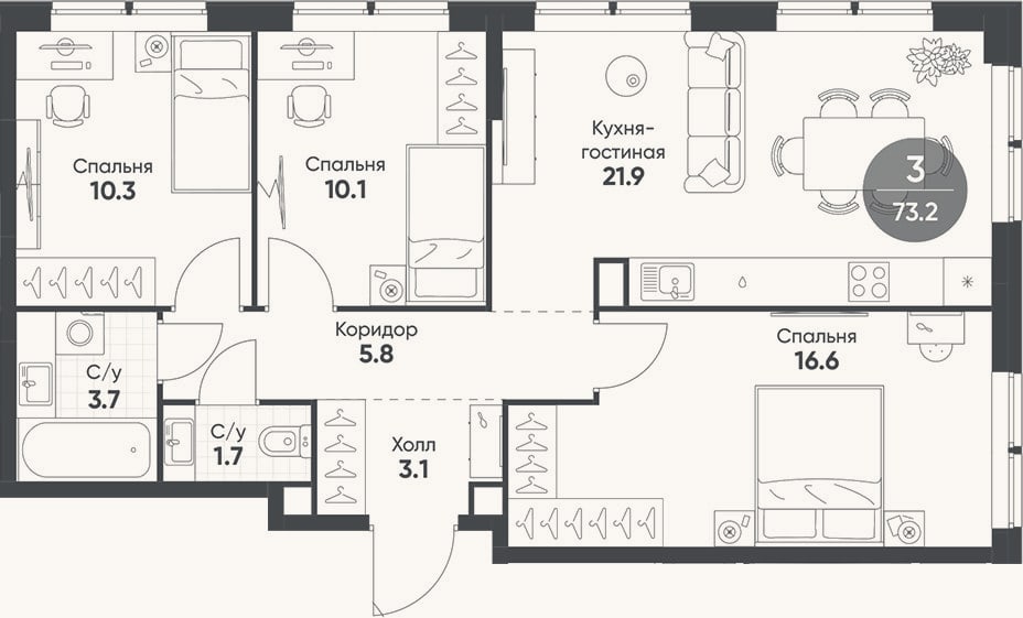 Планировка: 4+ к, 73,2 м²