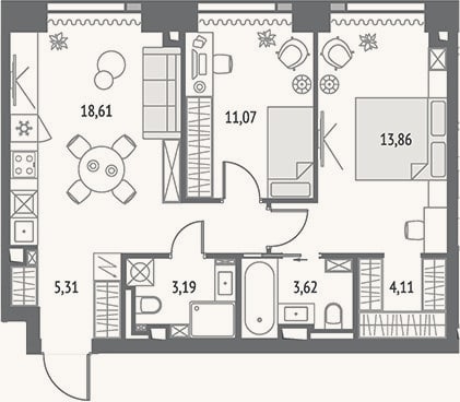 Планировка: 3-к, 63,6 м²