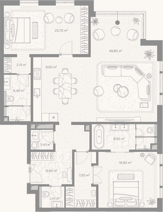 Планировка: 2-к, 145,5 м²