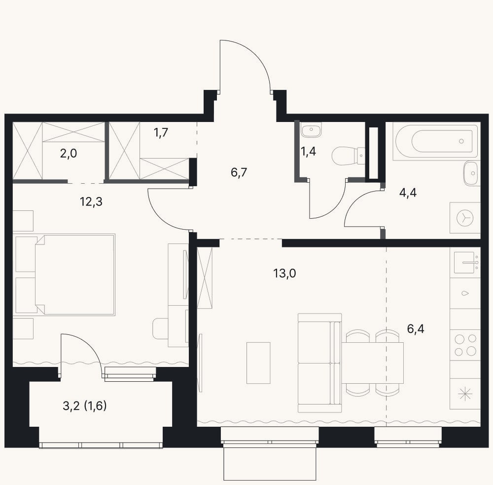 Планировка: 2-к, 47,9 м²