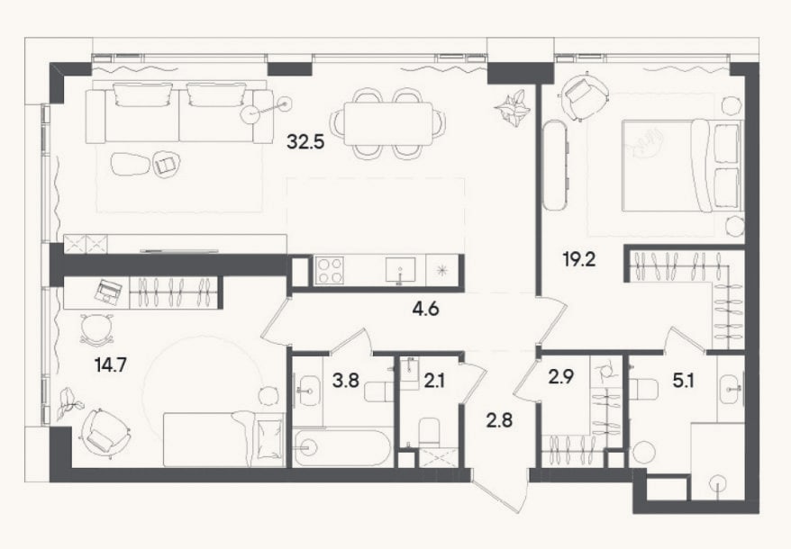 Планировка: 3-к, 88,7 м²