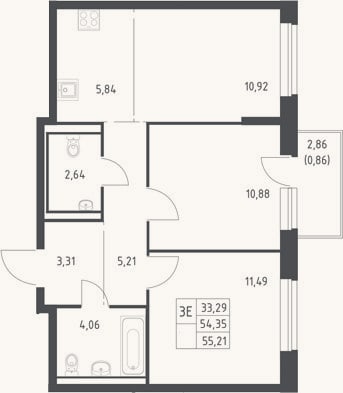 Планировка: 3-к, 54,4 м²