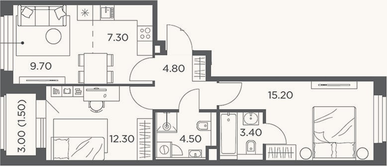 Планировка: 3-к, 57,2 м²