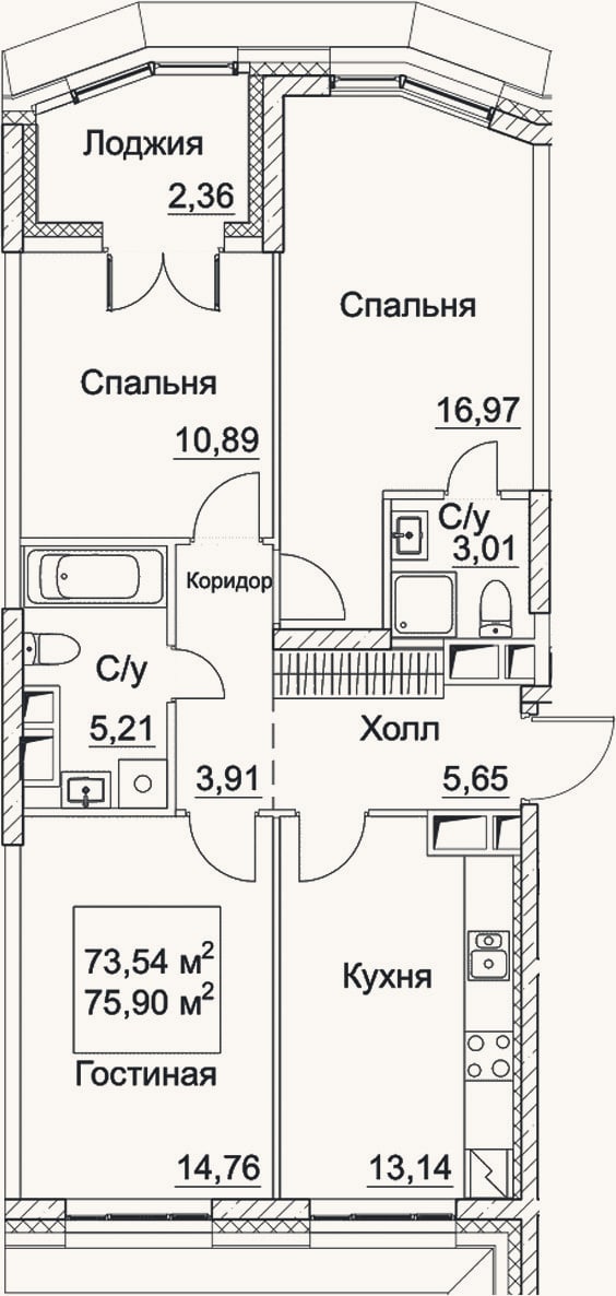 Планировка: 3-к, 73,5 м²