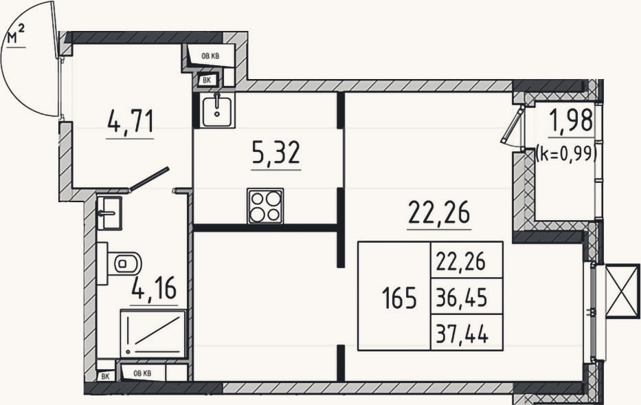 Планировка: Студия, 36,5 м²