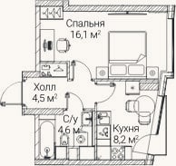 Планировка: 1-к, 32,7 м²