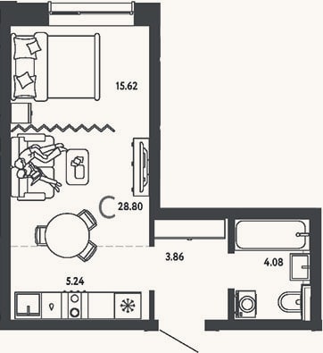 Планировка: Студия, 28,8 м²