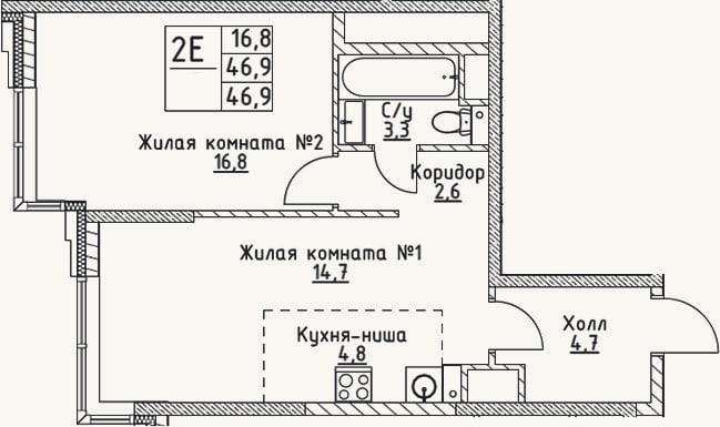 Планировка: 2-к, 46,9 м²