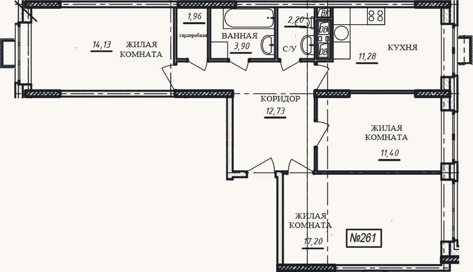 Планировка: 3-к, 74,8 м²
