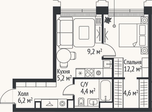Планировка: 2-к, 41,8 м²