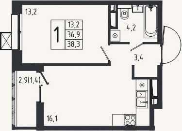 Планировка: 1-к, 36,9 м²