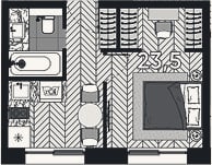 Планировка: 1-к, 23,5 м²
