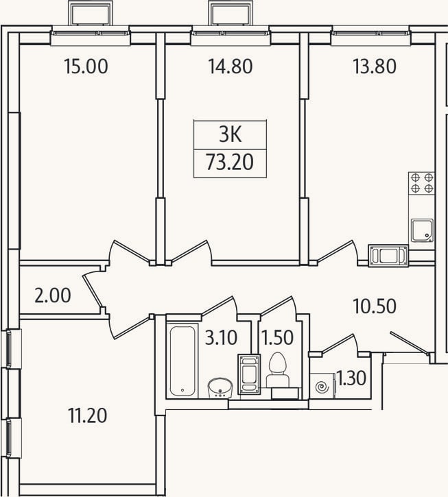 Планировка: 3-к, 73,2 м²