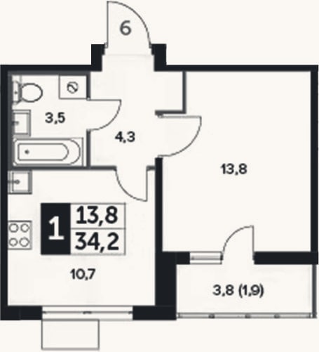 Планировка: 1-к, 32,3 м²