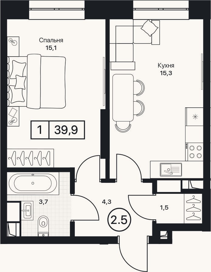 Планировка: 1-к, 39,9 м²