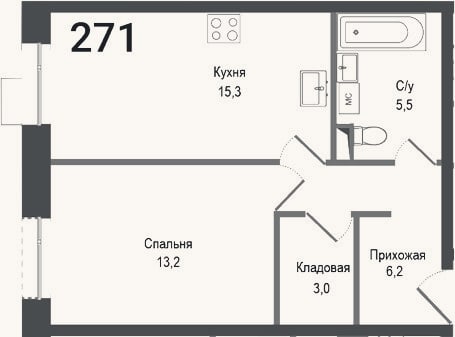 Планировка: 2-к, 43,2 м²