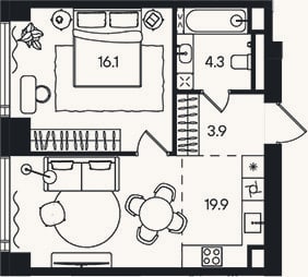 Планировка: 2-к, 44,2 м²