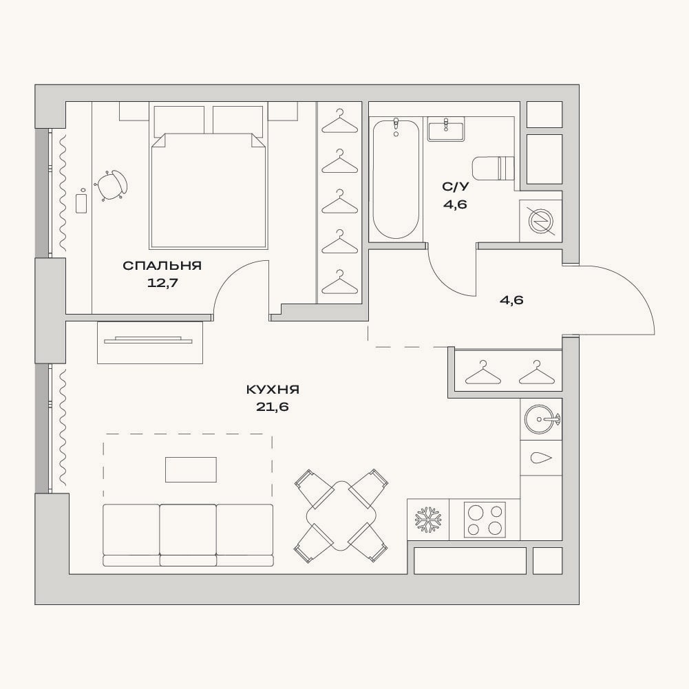 Планировка: 2-к, 43,5 м²
