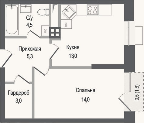 Планировка: 1-к, 39,8 м²