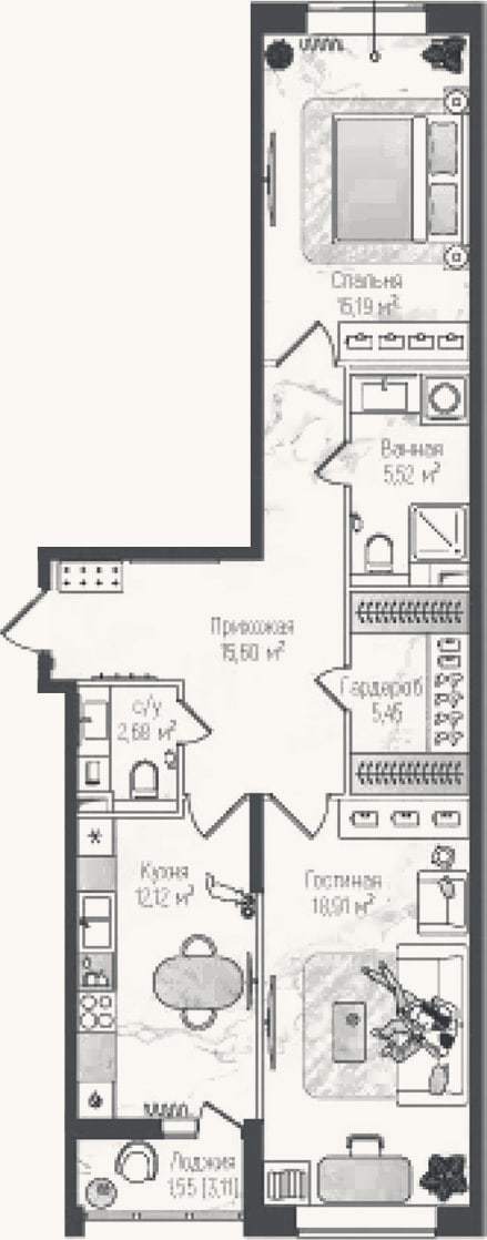 Планировка: 2-к, 73,9 м²