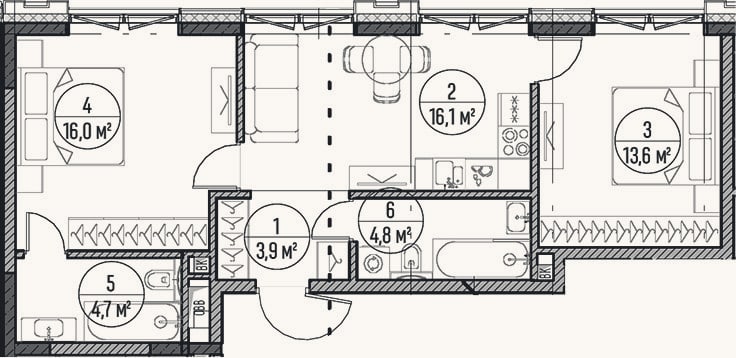 Планировка: 3-к, 59,1 м²
