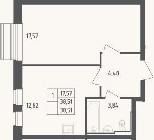 Планировка: 1-к, 38,5 м²