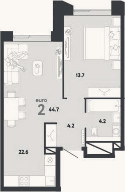 Планировка: 2-к, 44,7 м²