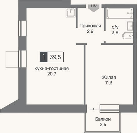 Планировка: 2-к, 38,8 м²