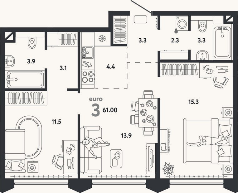 Планировка: 3-к, 61 м²
