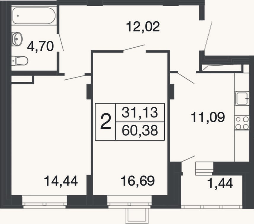 Планировка: 2-к, 58,9 м²