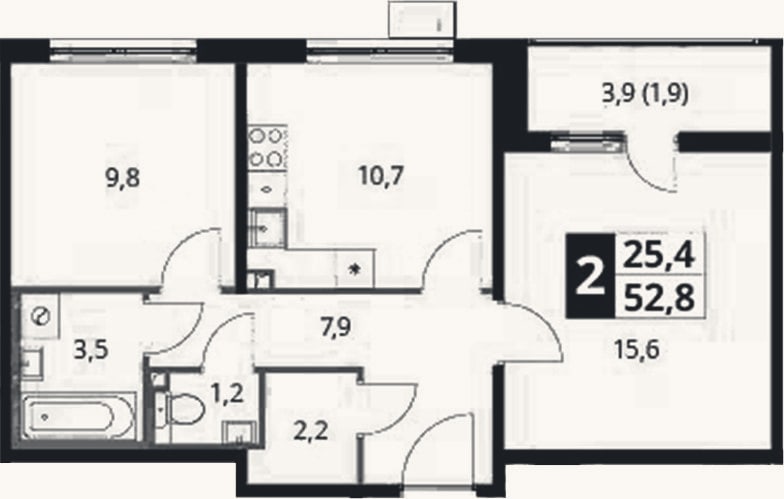 Планировка: 2-к, 51,9 м²