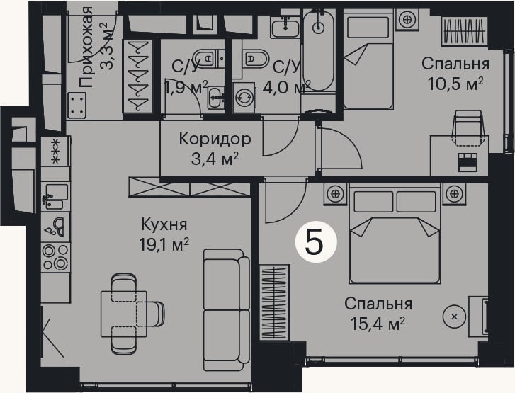 Планировка: 3-к, 58,7 м²