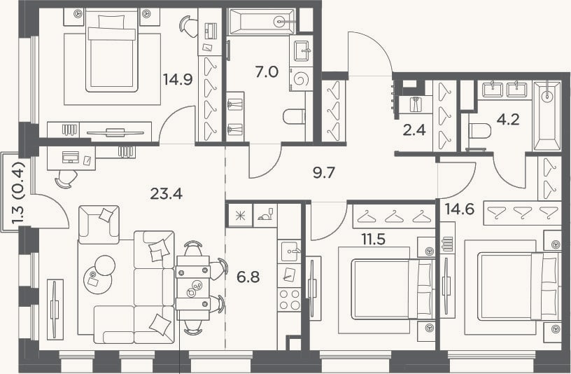 Планировка: 4+ к, 94,5 м²
