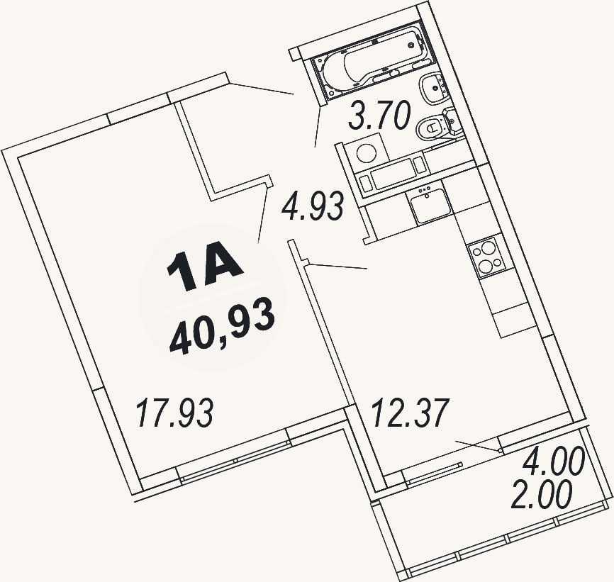 Планировка: 1-к, 38,9 м²