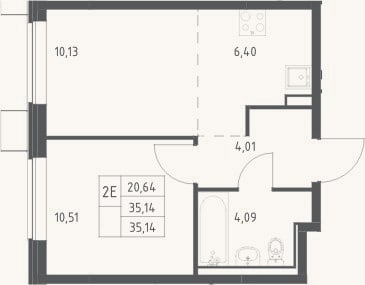 Планировка: 2-к, 35,1 м²