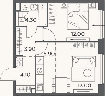Планировка: 2-к, 43,2 м²