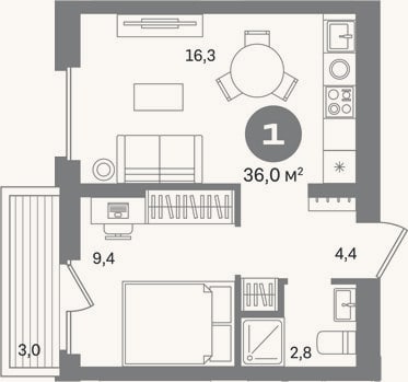 Планировка: 1-к, 33 м²